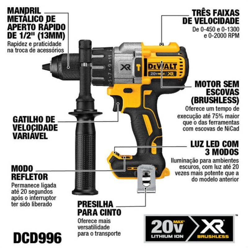 PARAFUSADEIRA 20V DCD996BB3 MAX XR S/BATERIA DEWALT 220V