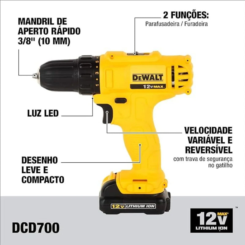 PARAFUSADEIRA 12V DCD700 3/8 MAX C/ 2 BATERIAS + CARREGADOR DEWALT 220V